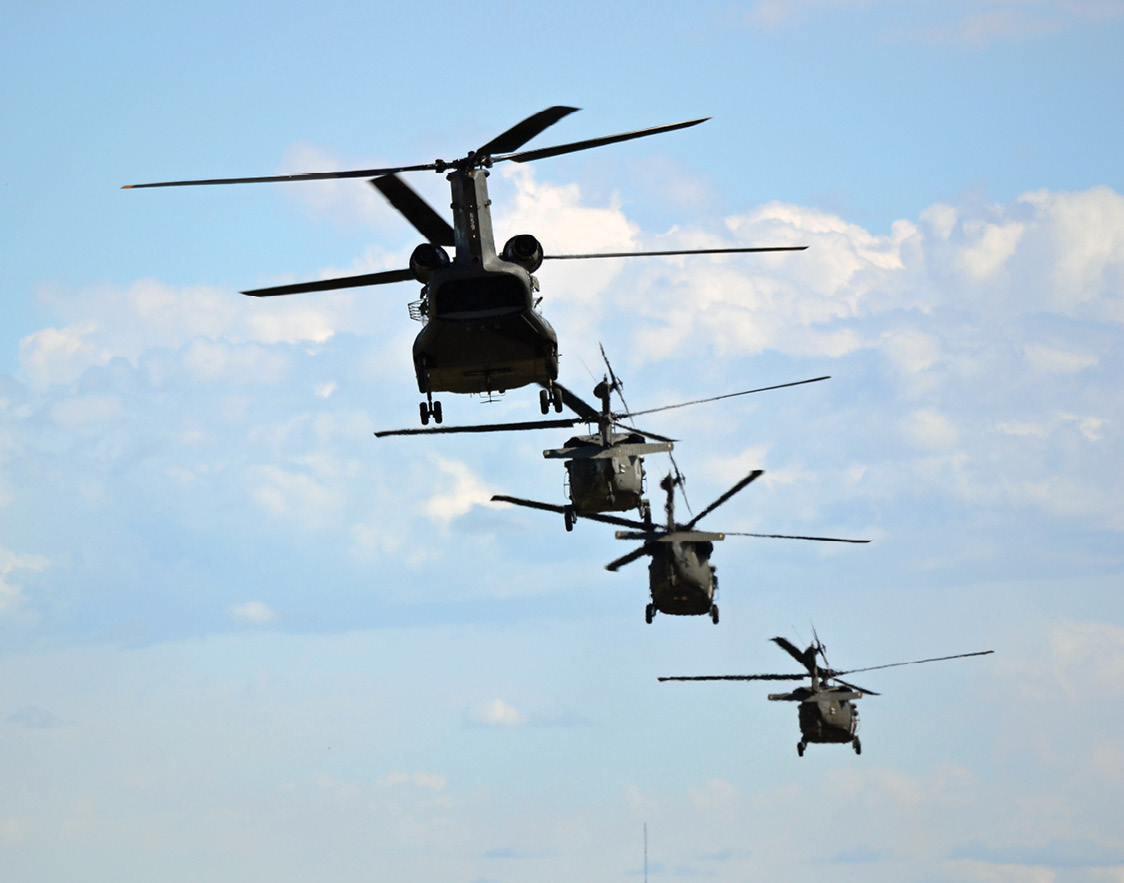 The Second General Support Aviation Battalion, 4th Aviation Regiment, 4th Combat Aviation Brigade, 4th Infantry Division, takes a celebratory flyby to say “thank
      you” to the Colorado National Guard and all the emergency agencies involved in flood rescue operations after concluding its mission under IRA in Boulder, CO, on
      19 September 2013. (Credit: SGT Jonathan C. Thibault)